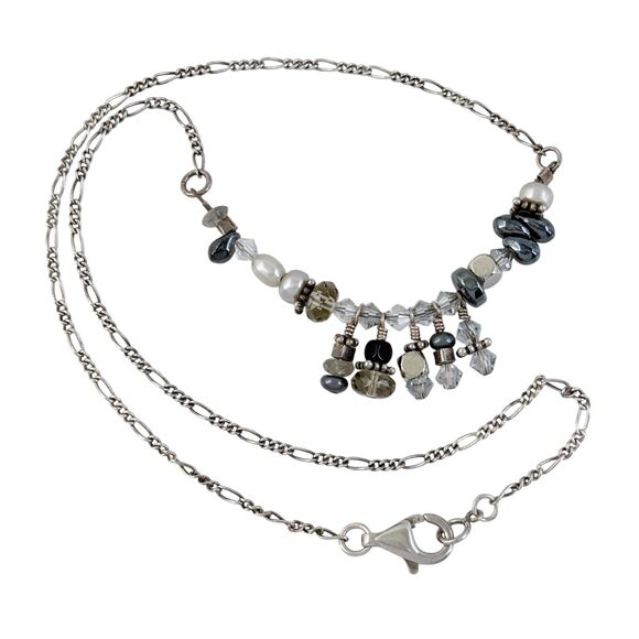 Vintage Sterling Silver 925 Pearl Quartz Hematite Crystal Necklace 16.5" - Picture 4 of 5